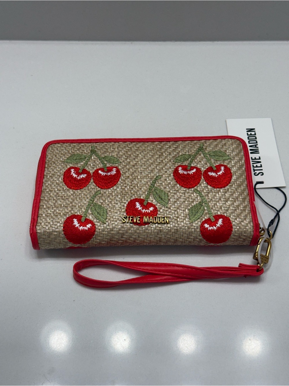 Steve Madden Straw Cherry Embroidered Wristlet Wallet in Red and Natural NWT